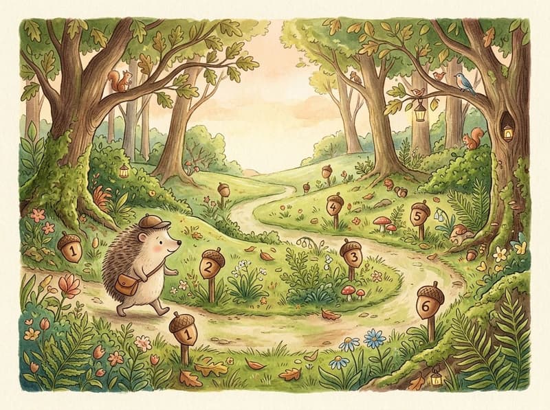 A watercolour illustration of a hedgehog walking a winding woodland trail, past a line of numbered acorn waymarkers — Conkerly's daily learning path.